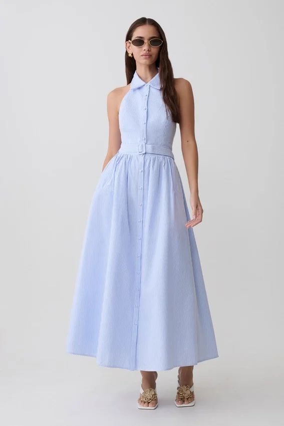 Cindy Collared Midi Dress – Blue Pinstripe Cindy Collared Midi Dress – Blue Pinstripe