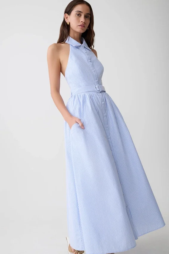 Cindy Collared Midi Dress – Blue Pinstripe Cindy Collared Midi Dress – Blue Pinstripe