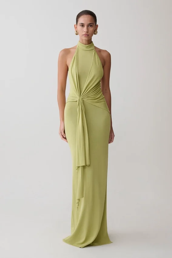 Cindylou Halter Knit Maxi Dress – Light Olive Cindylou Halter Knit Maxi Dress – Light Olive