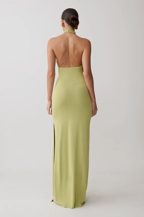 Cindylou Halter Knit Maxi Dress – Light Olive Cindylou Halter Knit Maxi Dress – Light Olive