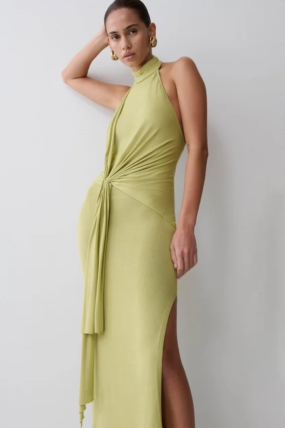 Cindylou Halter Knit Maxi Dress – Light Olive Cindylou Halter Knit Maxi Dress – Light Olive