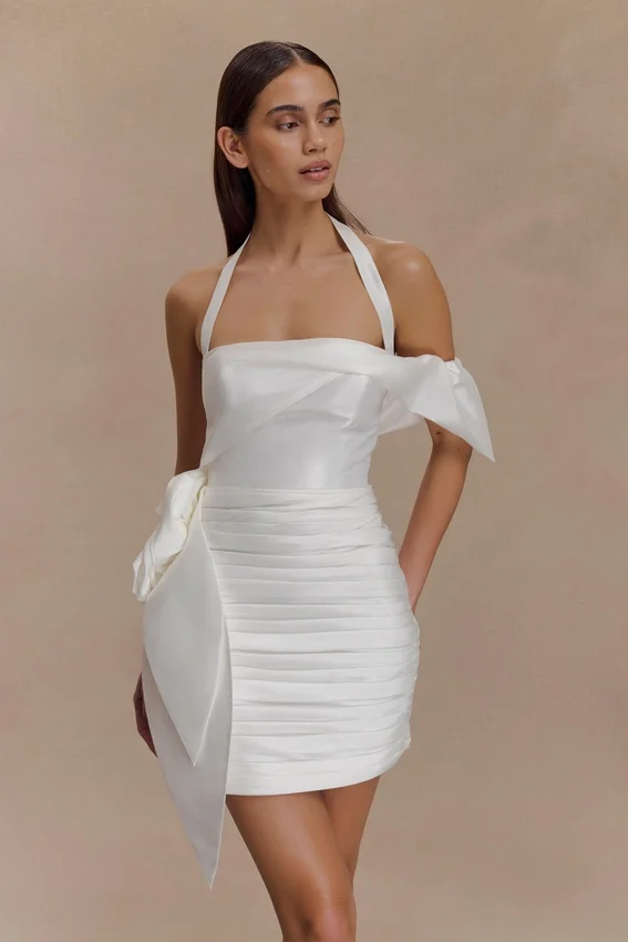 Claudine Taffeta Floral Mini Dress – White Claudine Taffeta Floral Mini Dress – White