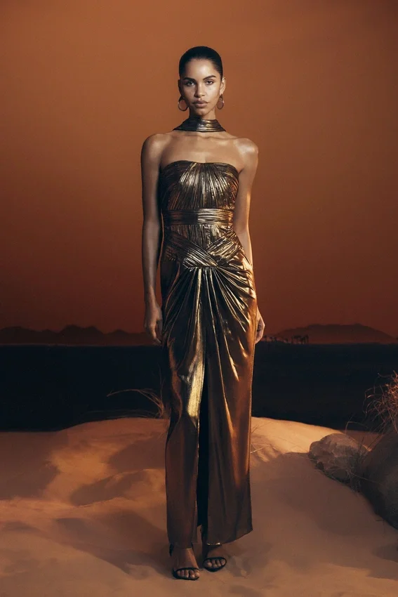 Clemence Plisse Maxi Dress – Gold Clemence Plisse Maxi Dress – Gold