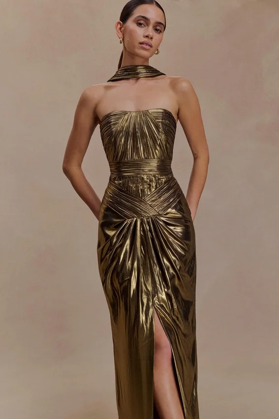 Clemence Plisse Maxi Dress – Gold Clemence Plisse Maxi Dress – Gold