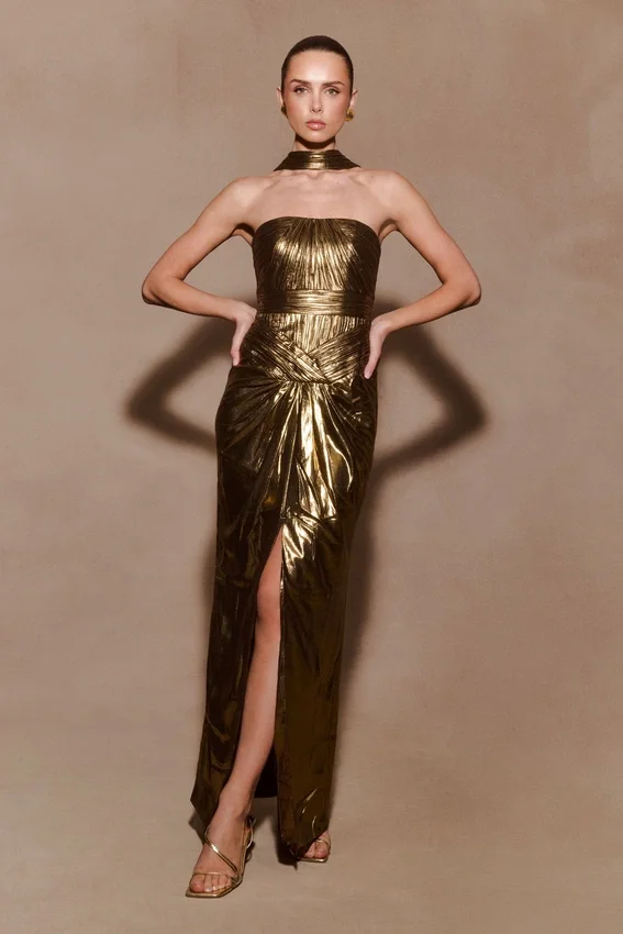 Clemence Plisse Maxi Dress – Gold Clemence Plisse Maxi Dress – Gold