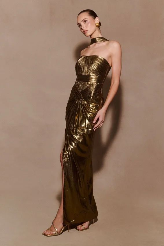 Clemence Plisse Maxi Dress – Gold Clemence Plisse Maxi Dress – Gold
