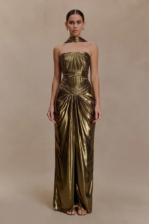 Clemence Plisse Maxi Dress – Gold Clemence Plisse Maxi Dress – Gold