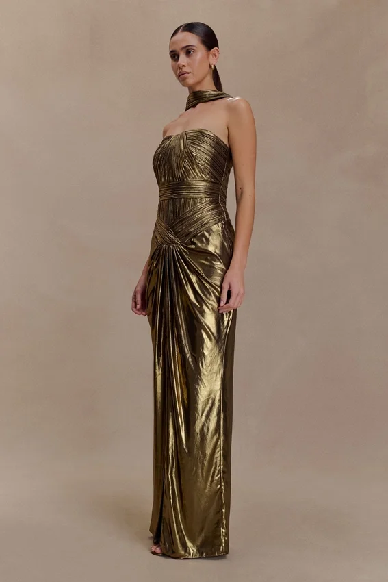 Clemence Plisse Maxi Dress – Gold Clemence Plisse Maxi Dress – Gold
