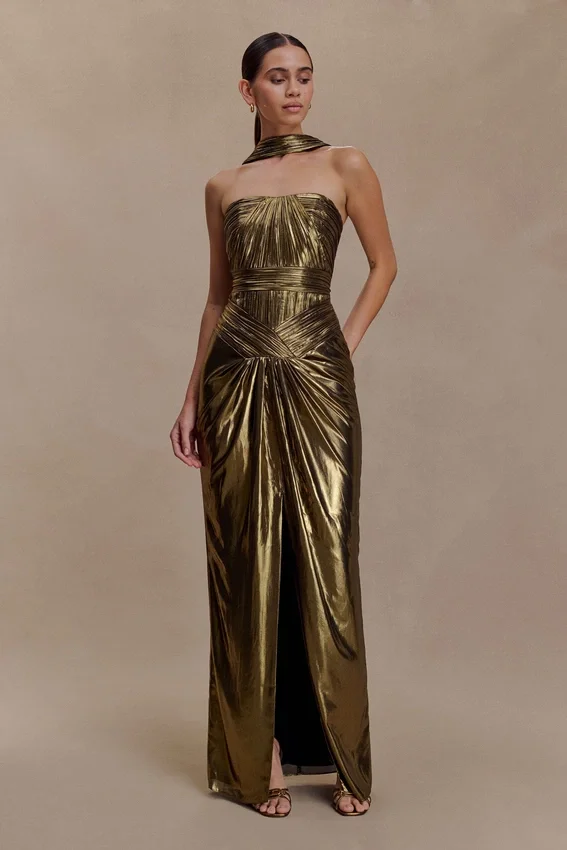 Clemence Plisse Maxi Dress – Gold Clemence Plisse Maxi Dress – Gold