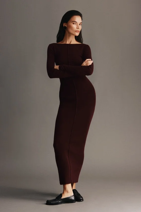 Cleona Merino Wool Ribbed Long Sleeve Maxi Dress – Deep Chocolate Cleona Merino Wool Ribbed Long Sleeve Maxi Dress – Deep Chocolate