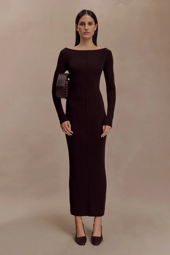 Cleona Merino Wool Ribbed Long Sleeve Maxi Dress – Deep Chocolate Cleona Merino Wool Ribbed Long Sleeve Maxi Dress – Deep Chocolate