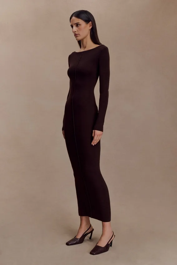 Cleona Merino Wool Ribbed Long Sleeve Maxi Dress – Deep Chocolate Cleona Merino Wool Ribbed Long Sleeve Maxi Dress – Deep Chocolate
