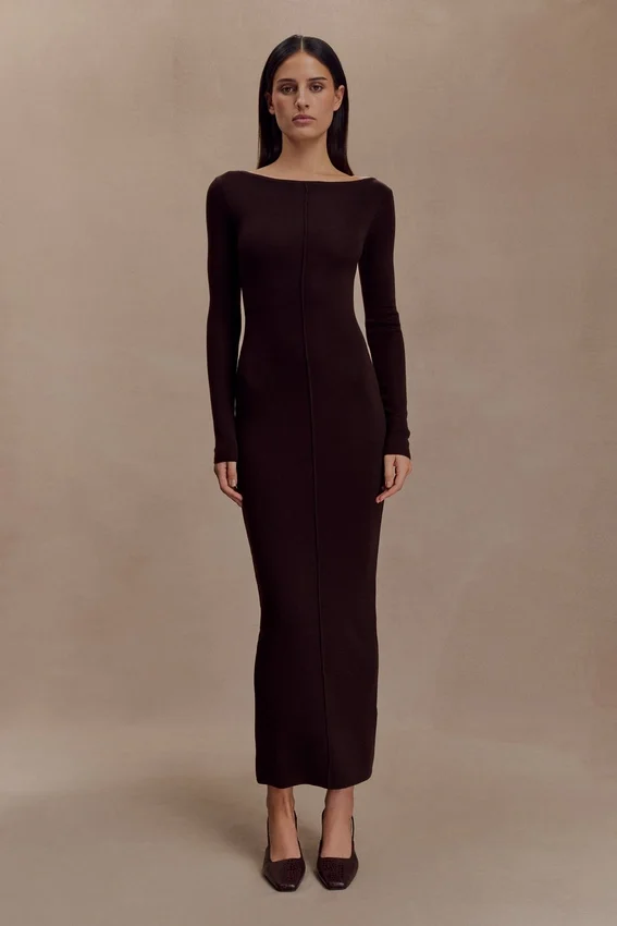 Cleona Merino Wool Ribbed Long Sleeve Maxi Dress – Deep Chocolate Cleona Merino Wool Ribbed Long Sleeve Maxi Dress – Deep Chocolate