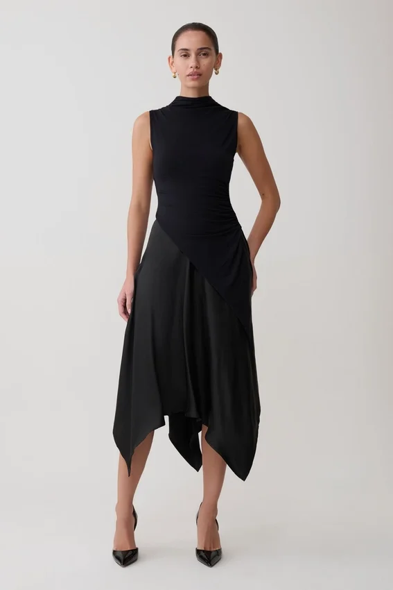 Coralie Asymmetric Satin Midi Skirt – Black Coralie Asymmetric Satin Midi Skirt – Black