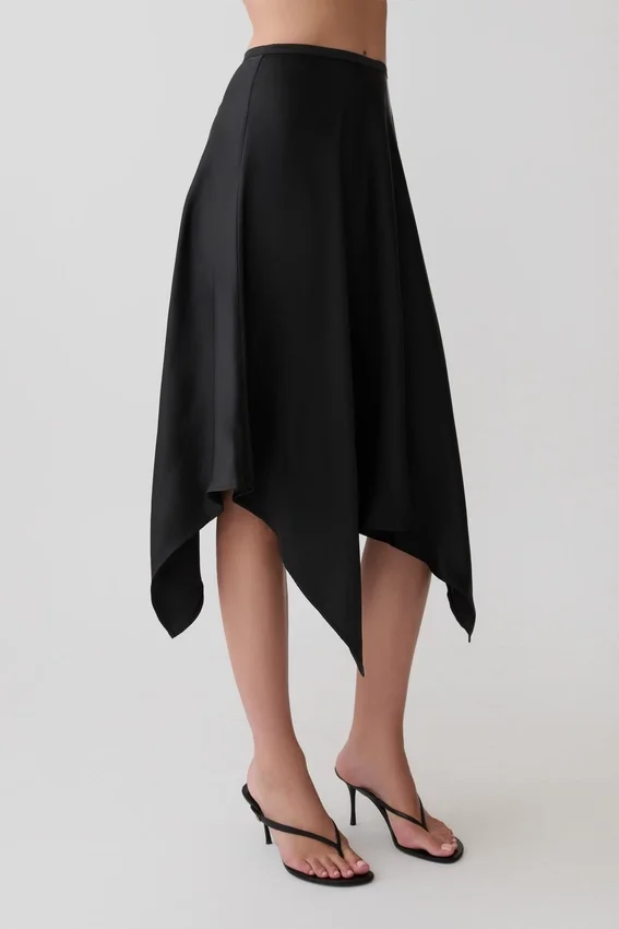 Coralie Asymmetric Satin Midi Skirt – Black Coralie Asymmetric Satin Midi Skirt – Black