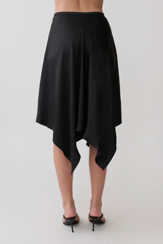 Coralie Asymmetric Satin Midi Skirt – Black Coralie Asymmetric Satin Midi Skirt – Black