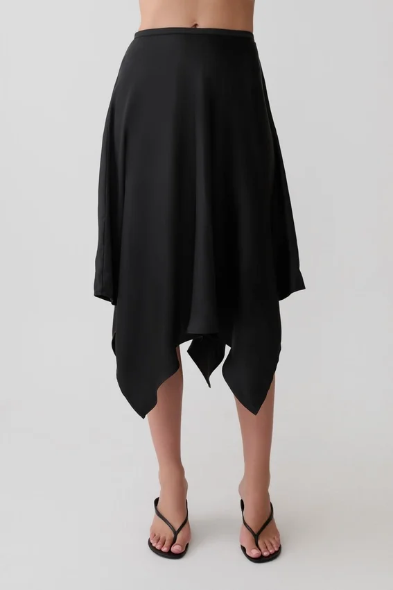 Coralie Asymmetric Satin Midi Skirt – Black Coralie Asymmetric Satin Midi Skirt – Black
