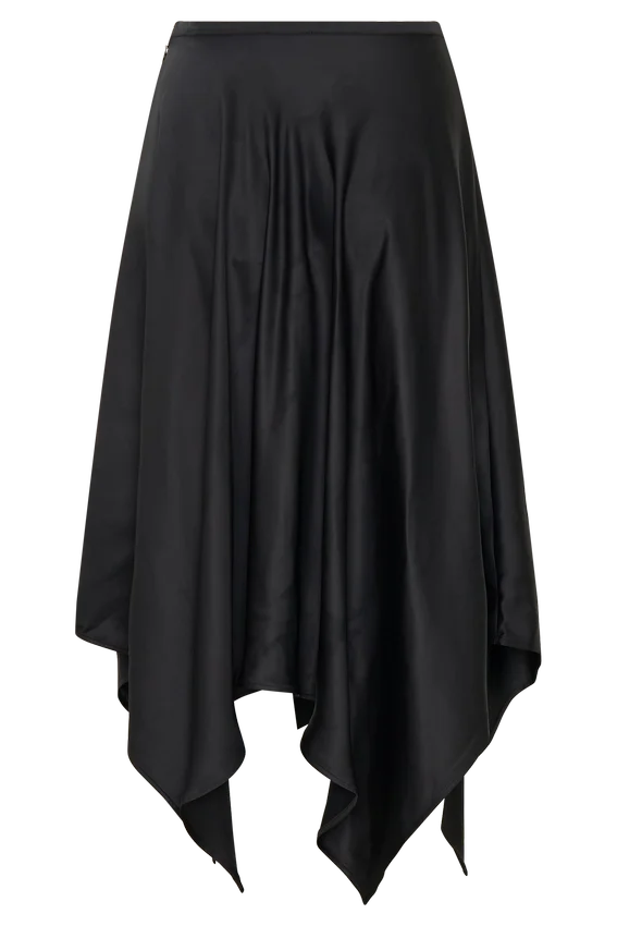 Coralie Asymmetric Satin Midi Skirt – Black Coralie Asymmetric Satin Midi Skirt – Black