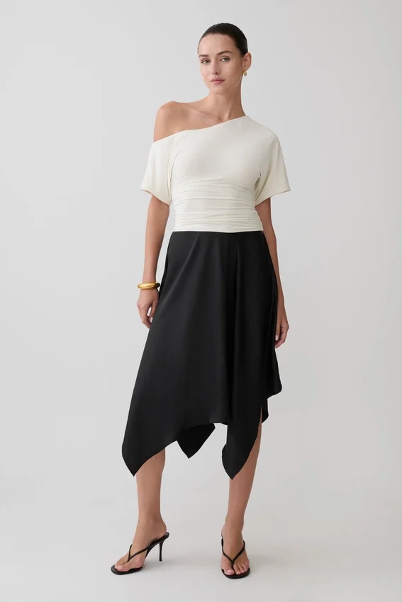 Coralie Asymmetric Satin Midi Skirt – Black Coralie Asymmetric Satin Midi Skirt – Black