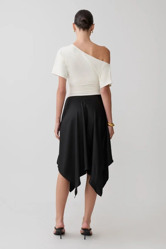 Coralie Asymmetric Satin Midi Skirt – Black Coralie Asymmetric Satin Midi Skirt – Black