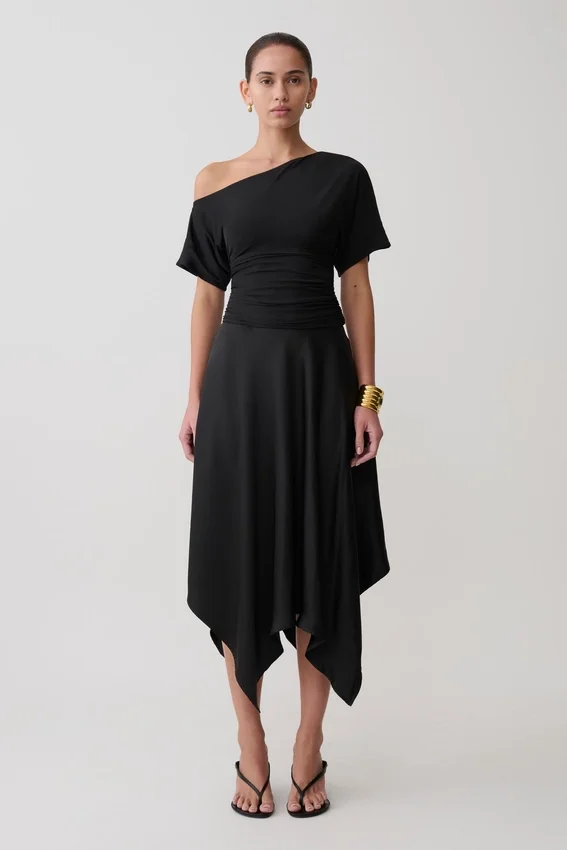 Coralie Asymmetric Satin Midi Skirt – Black Coralie Asymmetric Satin Midi Skirt – Black