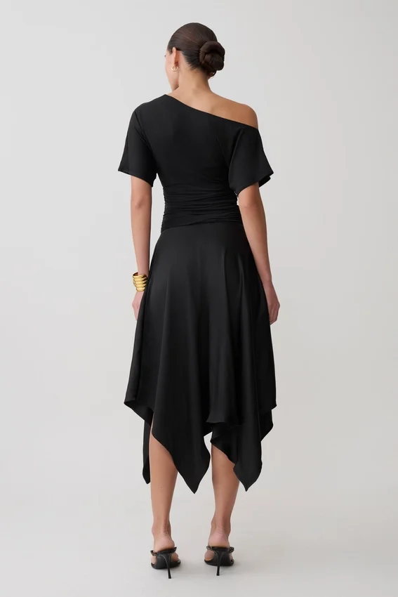 Coralie Asymmetric Satin Midi Skirt – Black Coralie Asymmetric Satin Midi Skirt – Black
