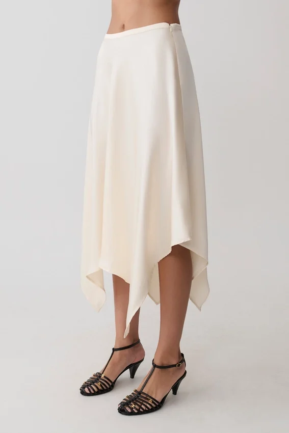 Coralie Asymmetric Satin Midi Skirt – Ivory Coralie Asymmetric Satin Midi Skirt – Ivory