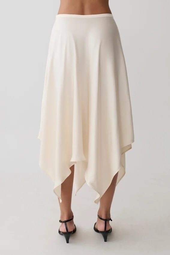 Coralie Asymmetric Satin Midi Skirt – Ivory Coralie Asymmetric Satin Midi Skirt – Ivory