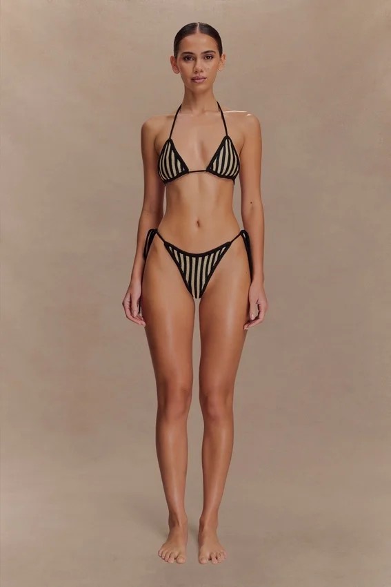 Corrie Crochet Tie Up Bikini Bottom – Black And Neutral Stripe Corrie Crochet Tie Up Bikini Bottom – Black And Neutral Stripe