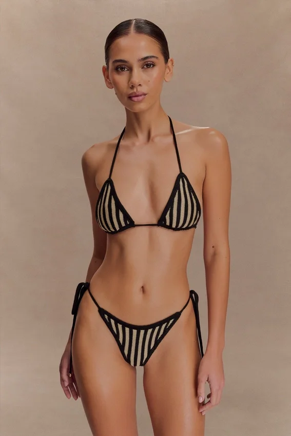 Corrie Crochet Tie Up Bikini Bottom – Black And Neutral Stripe Corrie Crochet Tie Up Bikini Bottom – Black And Neutral Stripe