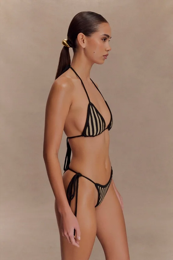 Corrie Crochet Tie Up Bikini Bottom – Black And Neutral Stripe Corrie Crochet Tie Up Bikini Bottom – Black And Neutral Stripe