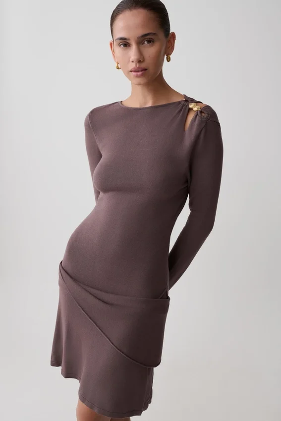 Cresida Knit Long Sleeve Mini Dress With Hardware – Peppercorn Cresida Knit Long Sleeve Mini Dress With Hardware – Peppercorn