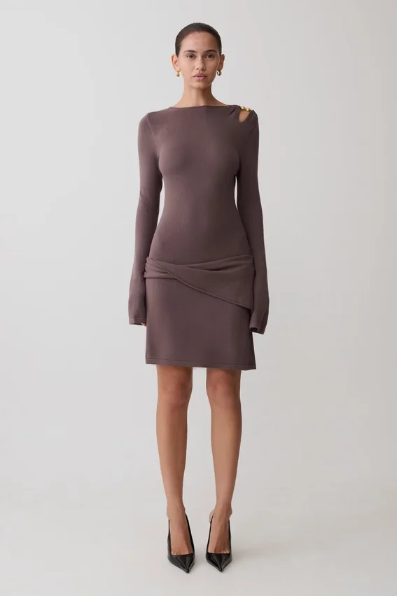 Cresida Knit Long Sleeve Mini Dress With Hardware – Peppercorn Cresida Knit Long Sleeve Mini Dress With Hardware – Peppercorn