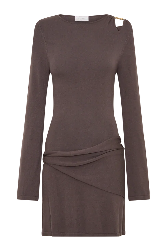 Cresida Knit Long Sleeve Mini Dress With Hardware – Peppercorn Cresida Knit Long Sleeve Mini Dress With Hardware – Peppercorn