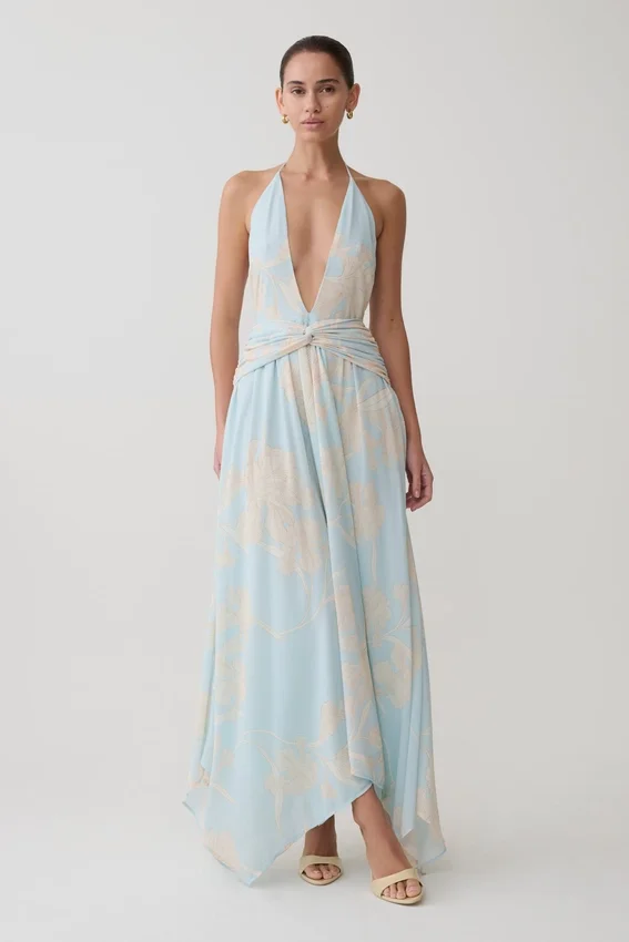 Cyra Plunge Chiffon Midi Dress – Blue Floral Print Cyra Plunge Chiffon Midi Dress – Blue Floral Print