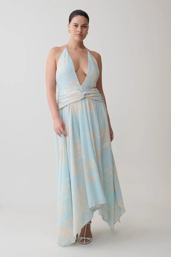 Cyra Plunge Chiffon Midi Dress – Blue Floral Print Cyra Plunge Chiffon Midi Dress – Blue Floral Print
