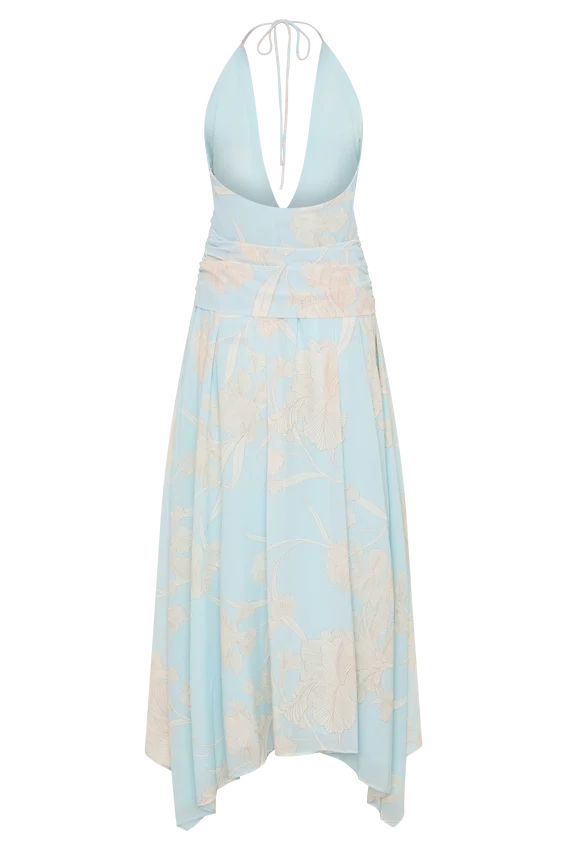 Cyra Plunge Chiffon Midi Dress – Blue Floral Print Cyra Plunge Chiffon Midi Dress – Blue Floral Print