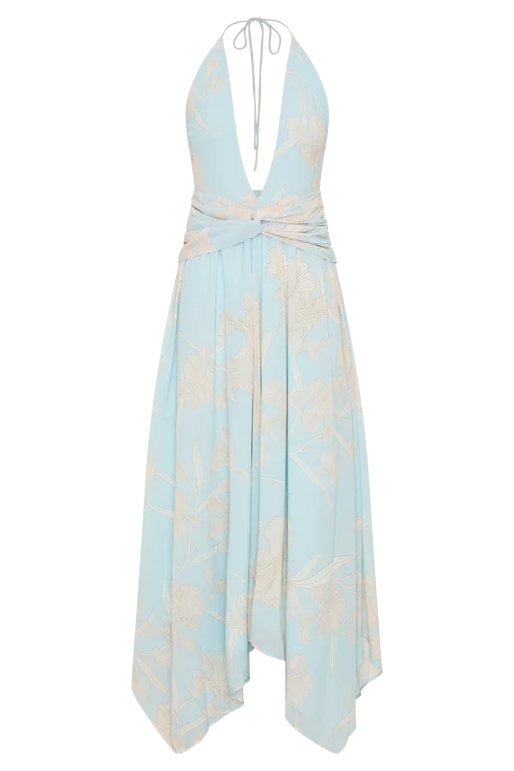 Cyra Plunge Chiffon Midi Dress – Blue Floral Print Cyra Plunge Chiffon Midi Dress – Blue Floral Print