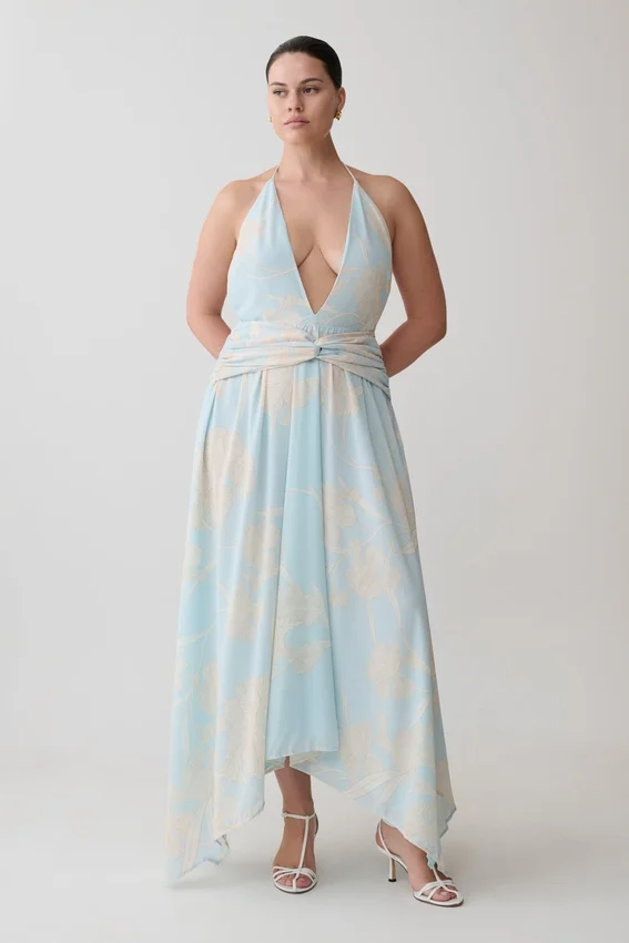 Cyra Plunge Chiffon Midi Dress – Blue Floral Print Cyra Plunge Chiffon Midi Dress – Blue Floral Print
