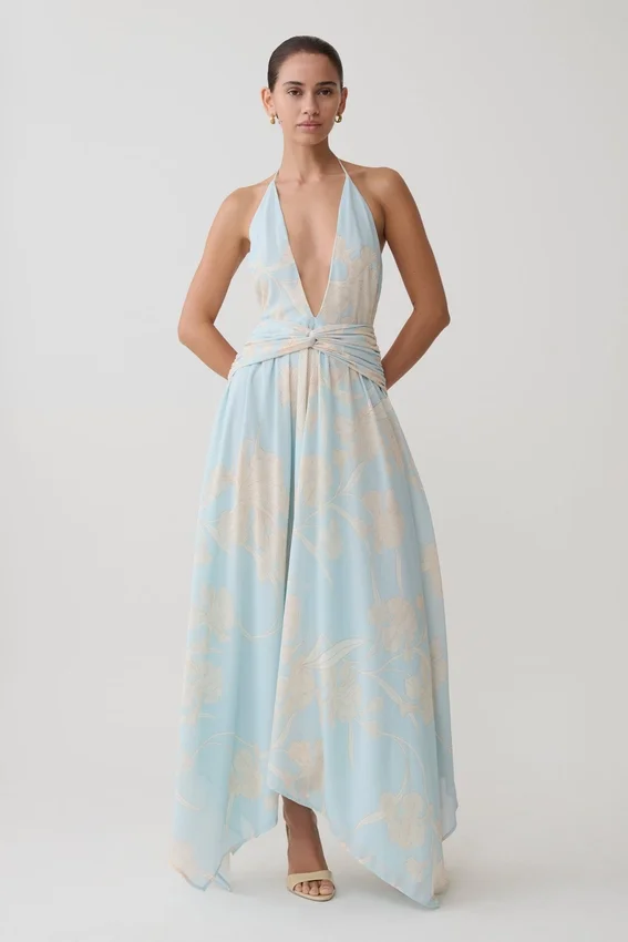 Cyra Plunge Chiffon Midi Dress – Blue Floral Print Cyra Plunge Chiffon Midi Dress – Blue Floral Print