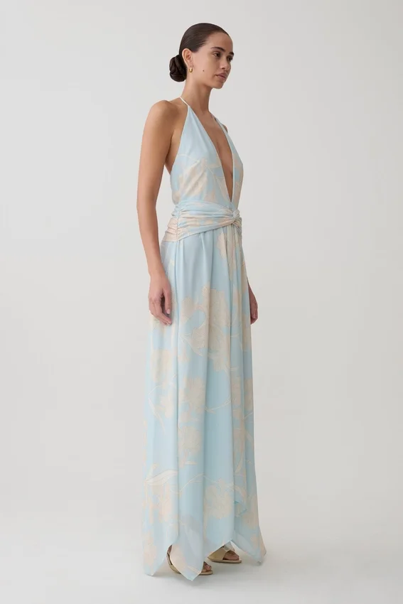 Cyra Plunge Chiffon Midi Dress – Blue Floral Print Cyra Plunge Chiffon Midi Dress – Blue Floral Print