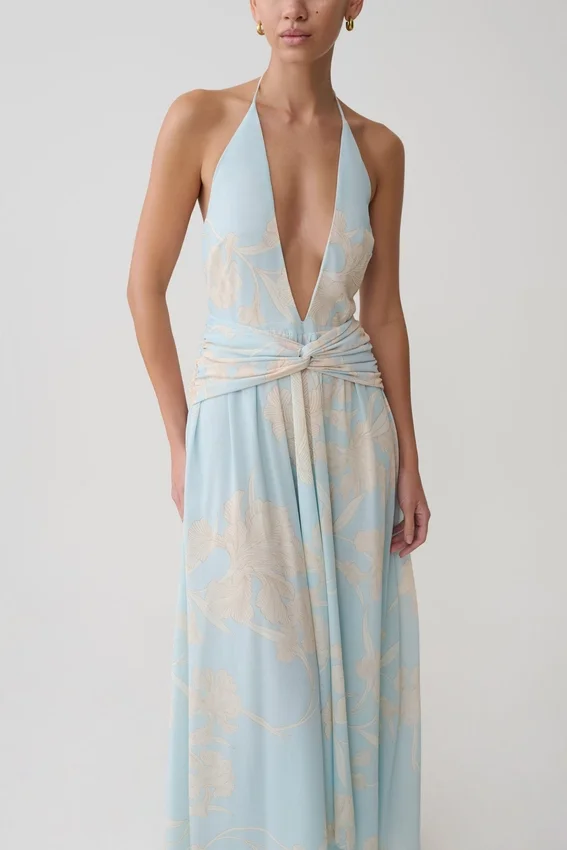 Cyra Plunge Chiffon Midi Dress – Blue Floral Print Cyra Plunge Chiffon Midi Dress – Blue Floral Print