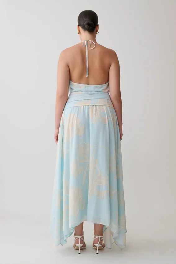 Cyra Plunge Chiffon Midi Dress – Blue Floral Print Cyra Plunge Chiffon Midi Dress – Blue Floral Print