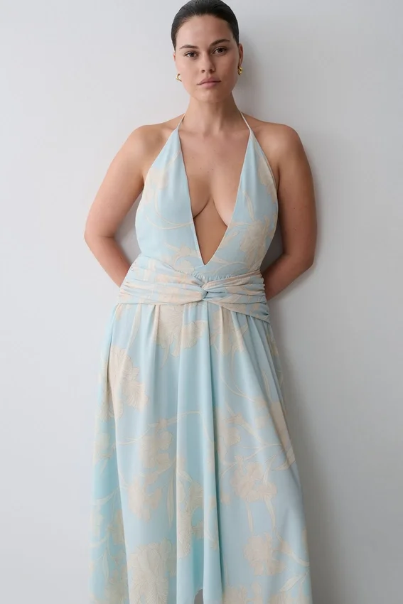 Cyra Plunge Chiffon Midi Dress – Blue Floral Print Cyra Plunge Chiffon Midi Dress – Blue Floral Print