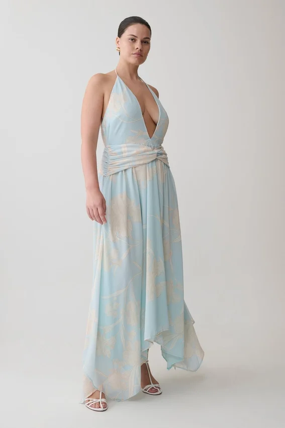 Cyra Plunge Chiffon Midi Dress – Blue Floral Print Cyra Plunge Chiffon Midi Dress – Blue Floral Print