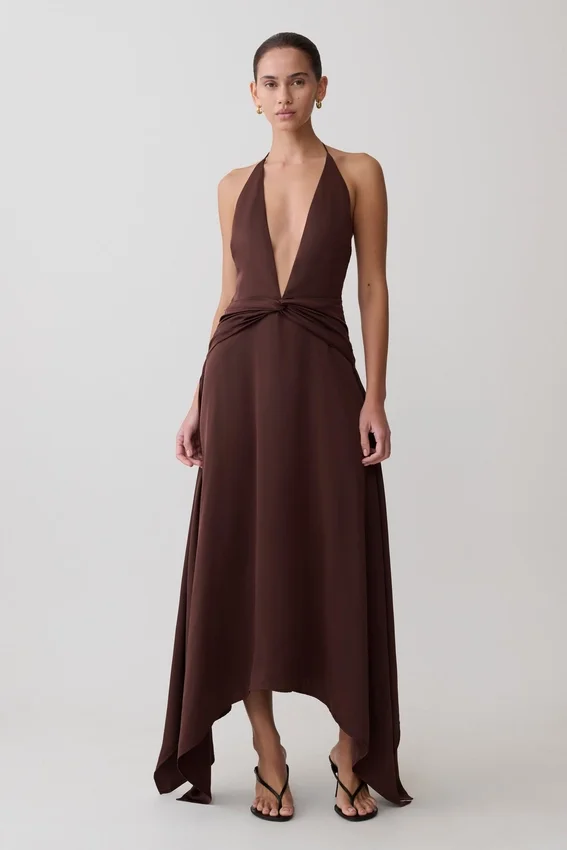 Cyra Plunge Satin Midi Dress – Dark Chocolate Cyra Plunge Satin Midi Dress – Dark Chocolate