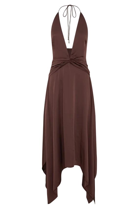 Cyra Plunge Satin Midi Dress – Dark Chocolate Cyra Plunge Satin Midi Dress – Dark Chocolate