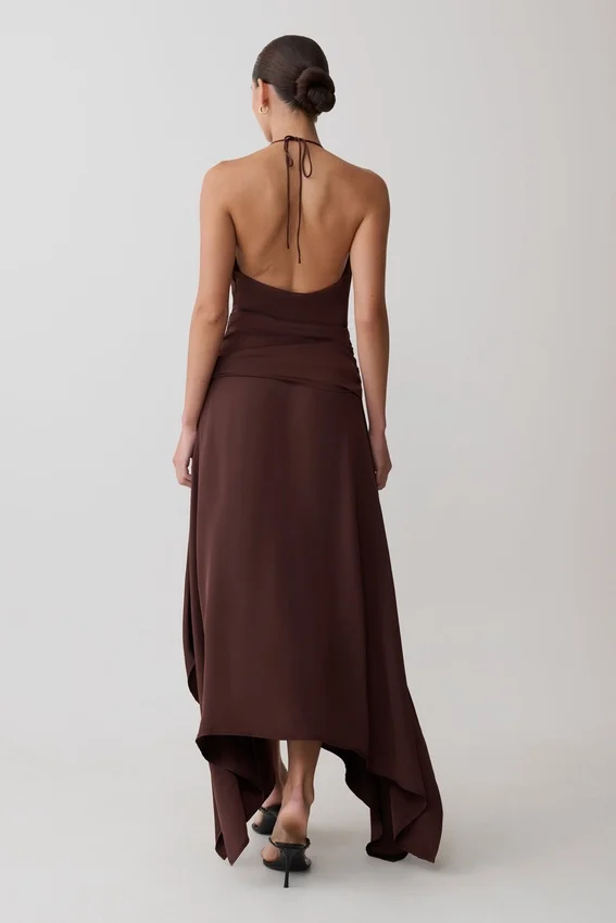 Cyra Plunge Satin Midi Dress – Dark Chocolate Cyra Plunge Satin Midi Dress – Dark Chocolate