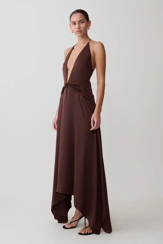 Cyra Plunge Satin Midi Dress – Dark Chocolate Cyra Plunge Satin Midi Dress – Dark Chocolate