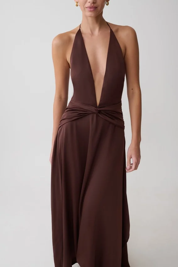Cyra Plunge Satin Midi Dress – Dark Chocolate Cyra Plunge Satin Midi Dress – Dark Chocolate
